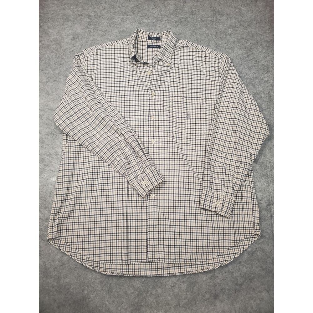 Nautica Men's XL Earthtone Small Check Plaid Button Down Long Sleeve Shirt